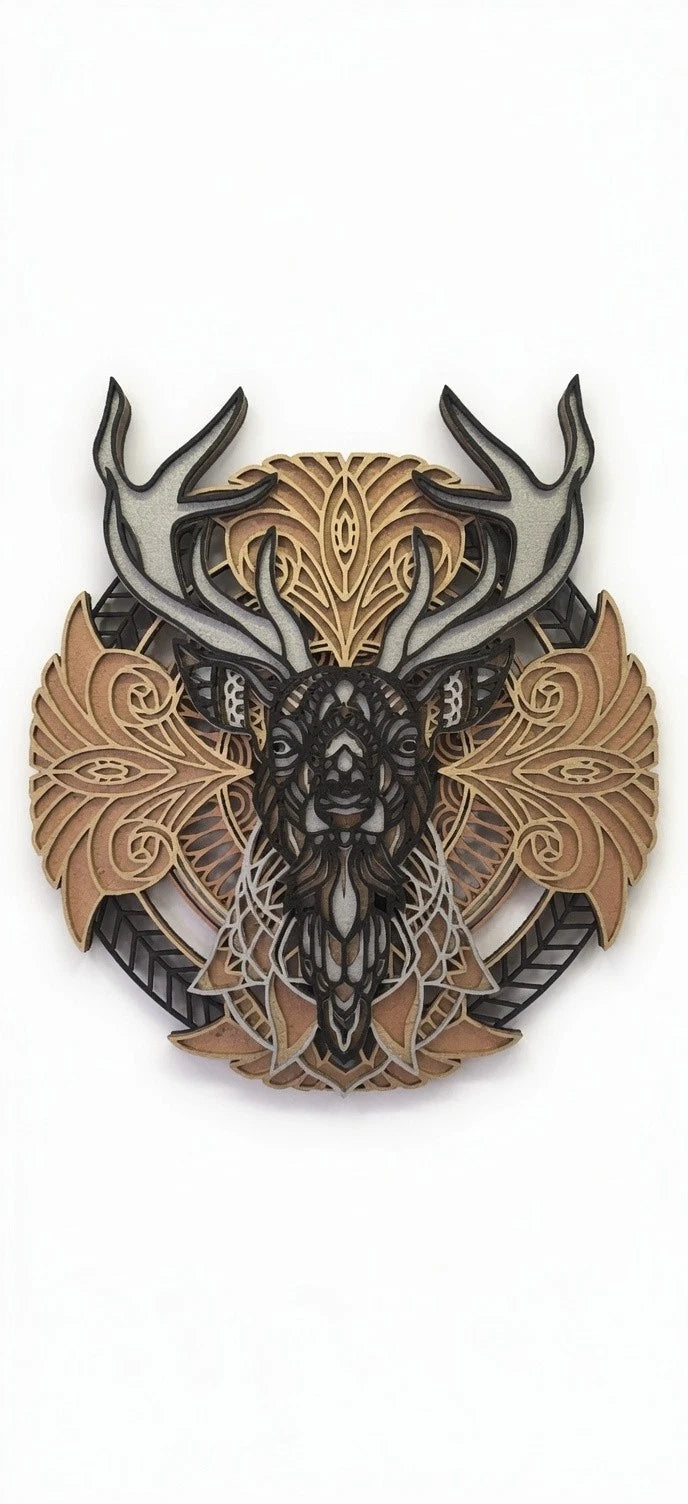 3D Layered Stag Wall Art Wooden Deer Mandala Laser Cut Rustic Decor