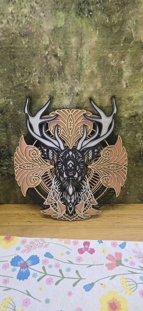 3D Layered Stag Wall Art Wooden Deer Mandala Laser Cut Rustic Decor
