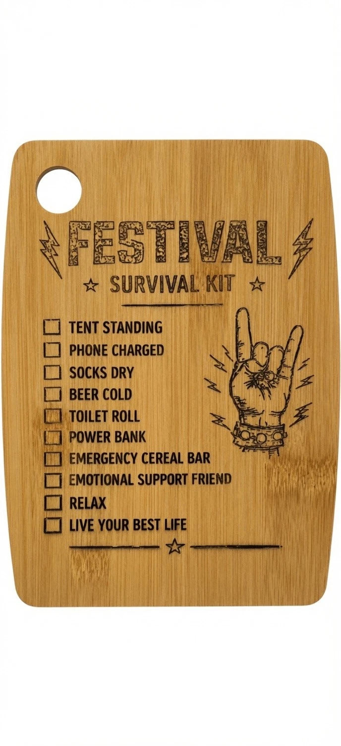 Festival Survival Kit Bamboo Board Camping Gift Campervan Glamping Accessory