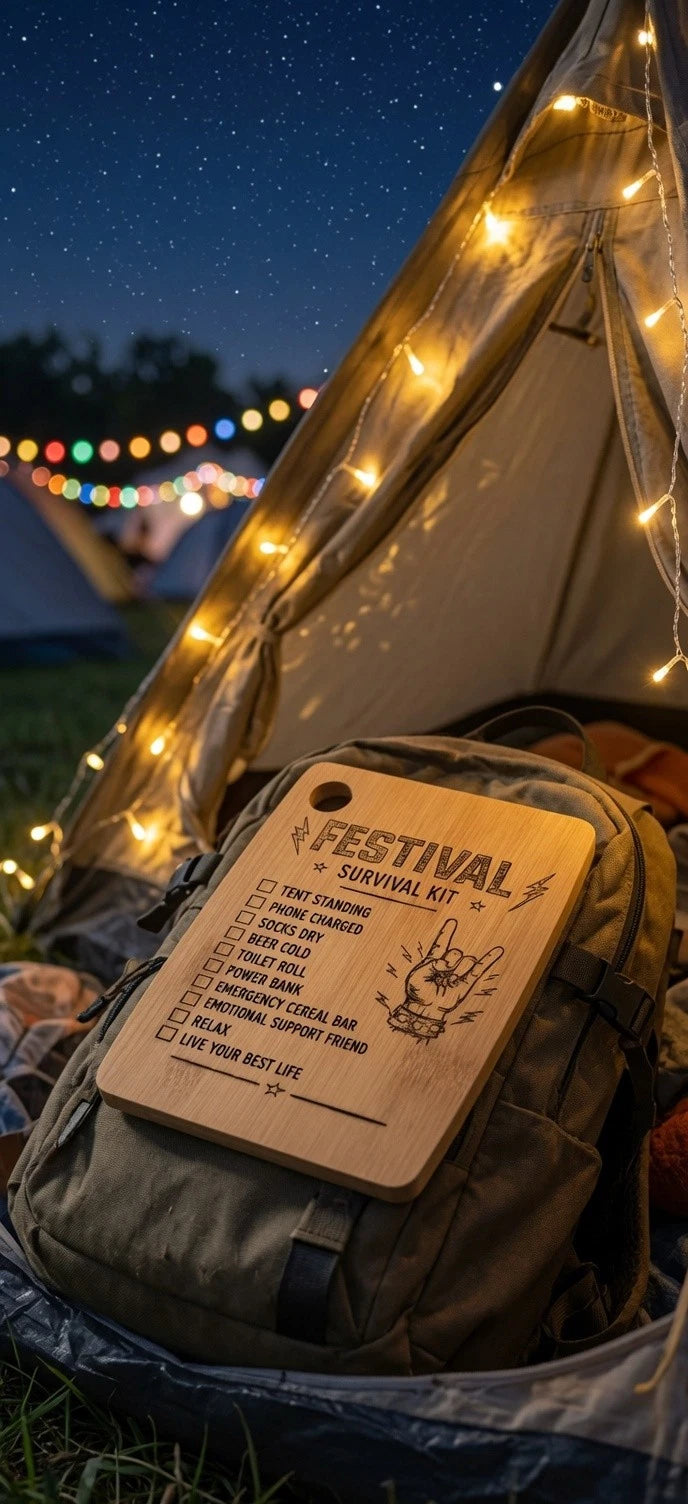 Festival Survival Kit Bamboo Board Camping Gift Campervan Glamping Accessory