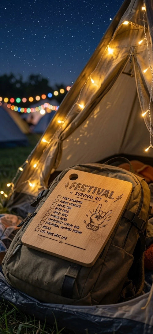 Festival Survival Kit Bamboo Board Camping Gift Campervan Glamping Accessory