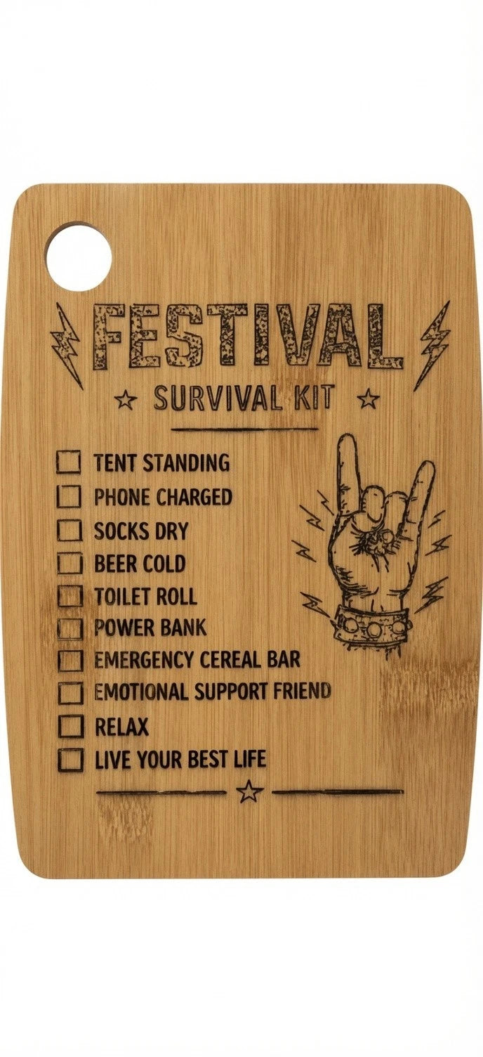 Festival Survival Kit Bamboo Board Camping Gift Campervan Glamping Accessory