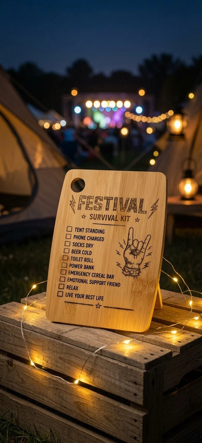 Festival Survival Kit Bamboo Board Camping Gift Campervan Glamping Accessory